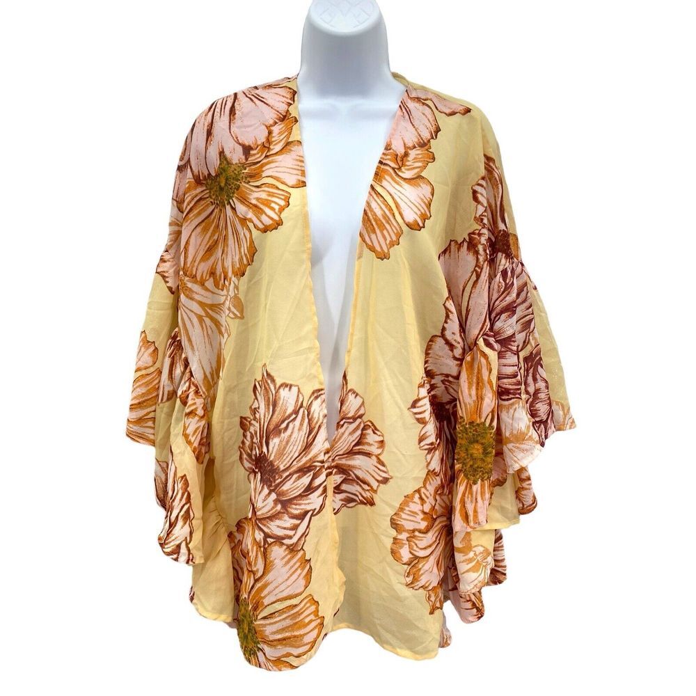 Floral Print Womens Cardigan Kimono Cover up Beach 3/4 Flutter Sleeve Size XS